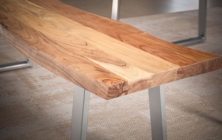 Spisebænk 120x40x45,5 cm, massivt akacietræ/metal med levende kant, spisebænk i massivt træ uden ryglæn, forkromet køkkenbænk, moderne spisebænk, lille spisebænk