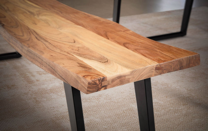 Spisebænk 180x40x45,5 cm, massivt akacietræ/metal med levende kant, moderne spisebænk, massiv træbænk uden ryglæn, køkkenbænk/spisebænk med U-formede ben, stor spisebænk