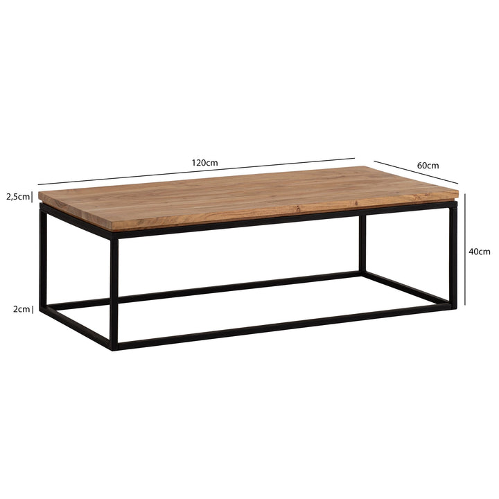 Sofabord 120x60x40 cm, massivt akacietræ, metal sofabord, rektangulært, designer stuebord med naturlig træåring, moderne sofabord til stuen