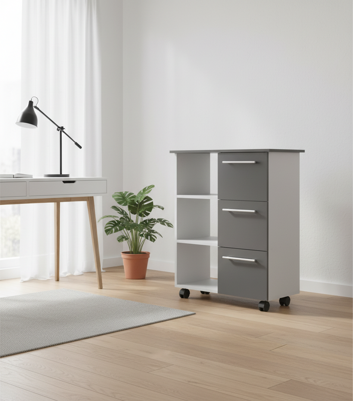 Køkkenvogn med 3 skuffer, 85 x 68 x 38 cm, hvid og grå