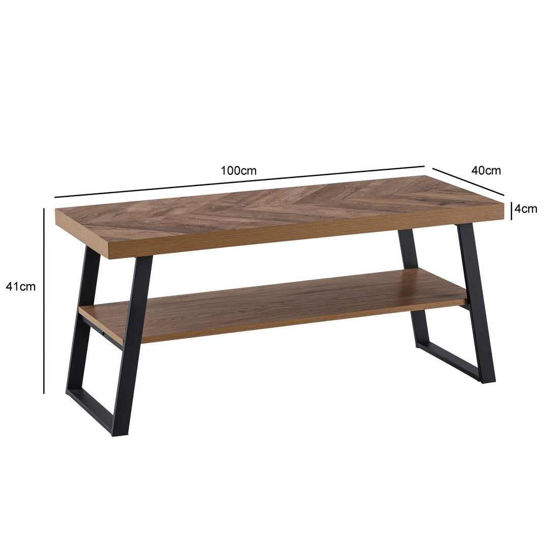 Sofabord 100x40x41 cm brunt sofabord med sildebensmønster, sofabord med metalramme