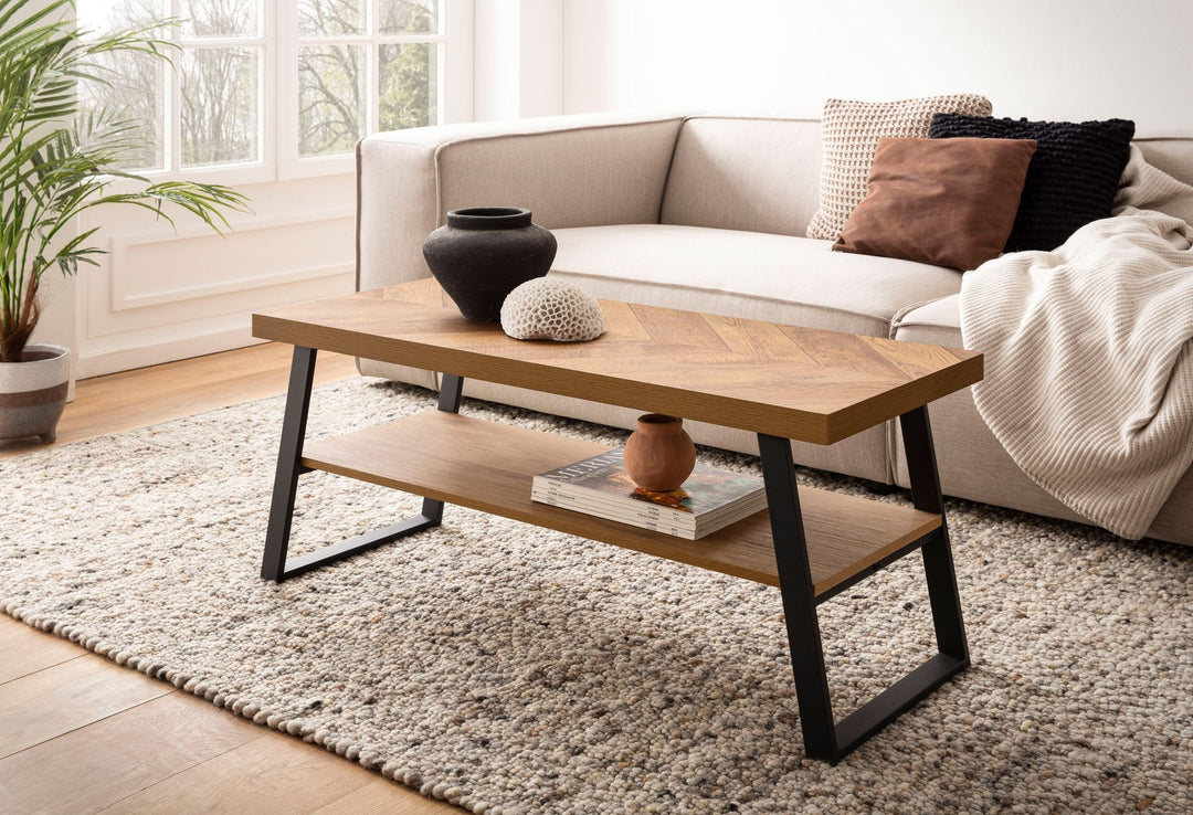 Sofabord 100x40x41 cm brunt sofabord med sildebensmønster, sofabord med metalramme
