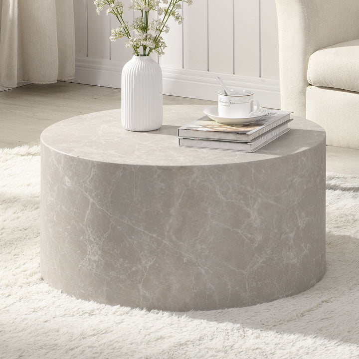 Sofabord 60x60x30 cm i sandfarvet stenlook, rundt design sofabord, beige