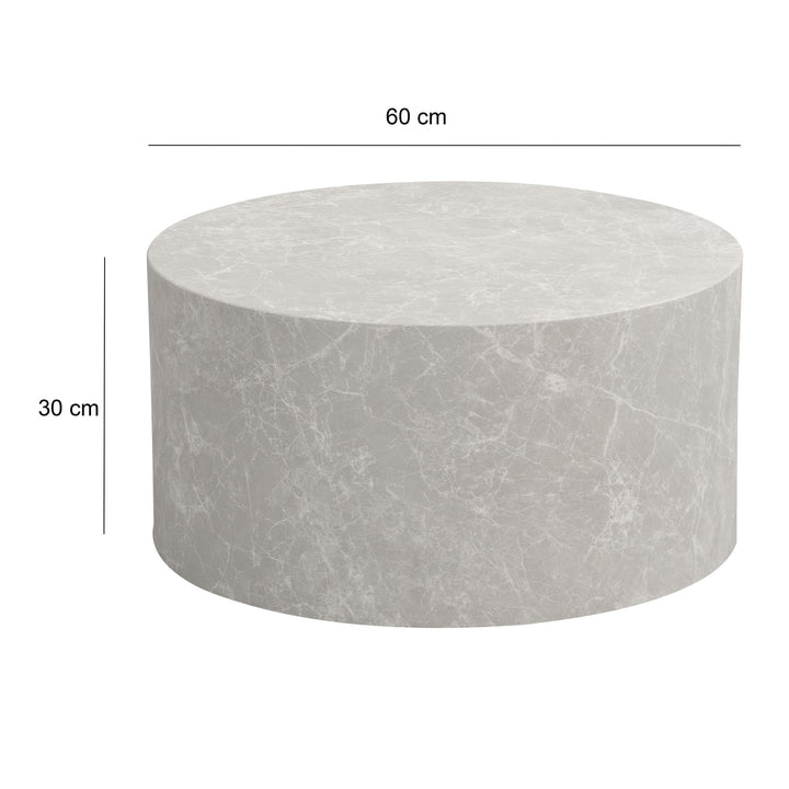 Sofabord 60x60x30 cm i sandfarvet stenlook, rundt design sofabord, beige