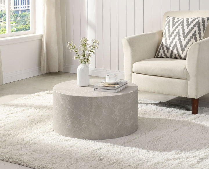 Sofabord 60x60x30 cm i sandfarvet stenlook, rundt design sofabord, beige