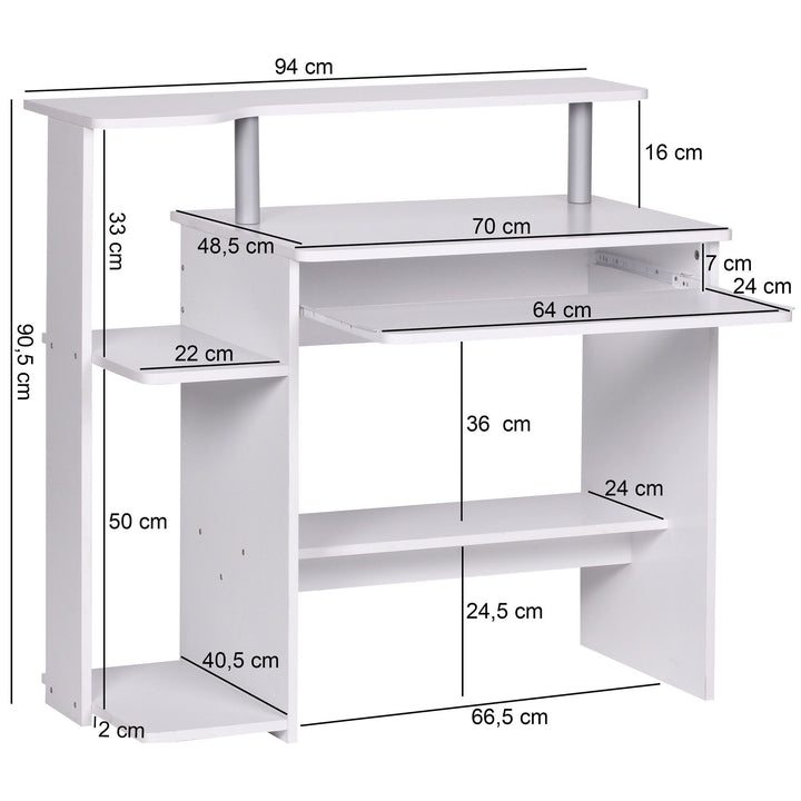 Praktisk skrivebord / computerbord med tastaturforlænger, 94 x 90 x 48 cm, hvid