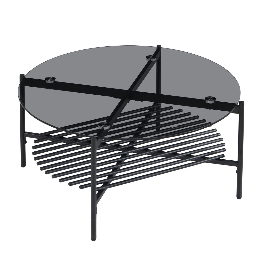 Rundt sofabord i glas og metal, 80x40 cm, sort; moderne stuebord med hylde; sofabord med opbevaring; sofabord i loftstil i industrielt design