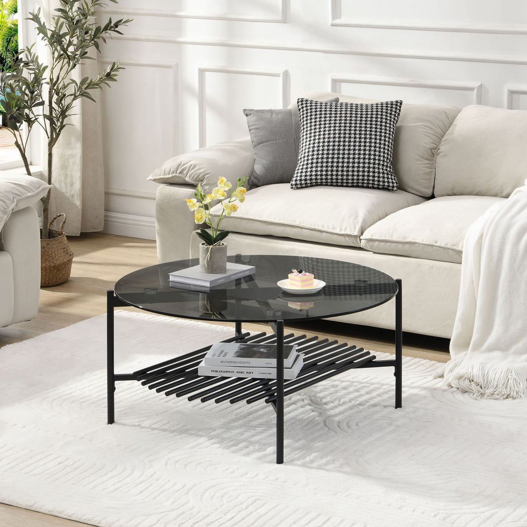 Rundt sofabord i glas og metal, 80x40 cm, sort; moderne stuebord med hylde; sofabord med opbevaring; sofabord i loftstil i industrielt design