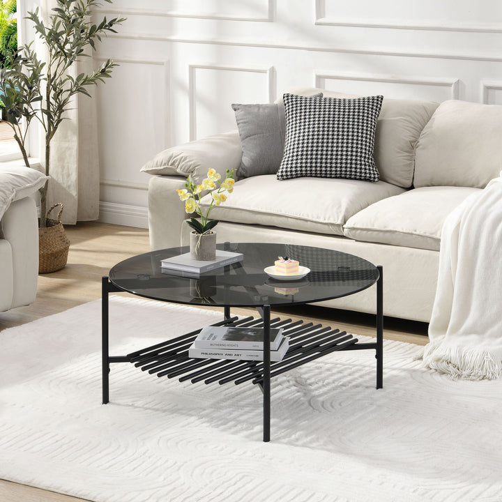 Rundt sofabord i glas og metal, 80x40 cm, sort; moderne stuebord med hylde; sofabord med opbevaring; sofabord i loftstil i industrielt design