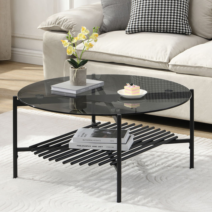 Rundt sofabord i glas og metal, 80x40 cm, sort; moderne stuebord med hylde; sofabord med opbevaring; sofabord i loftstil i industrielt design