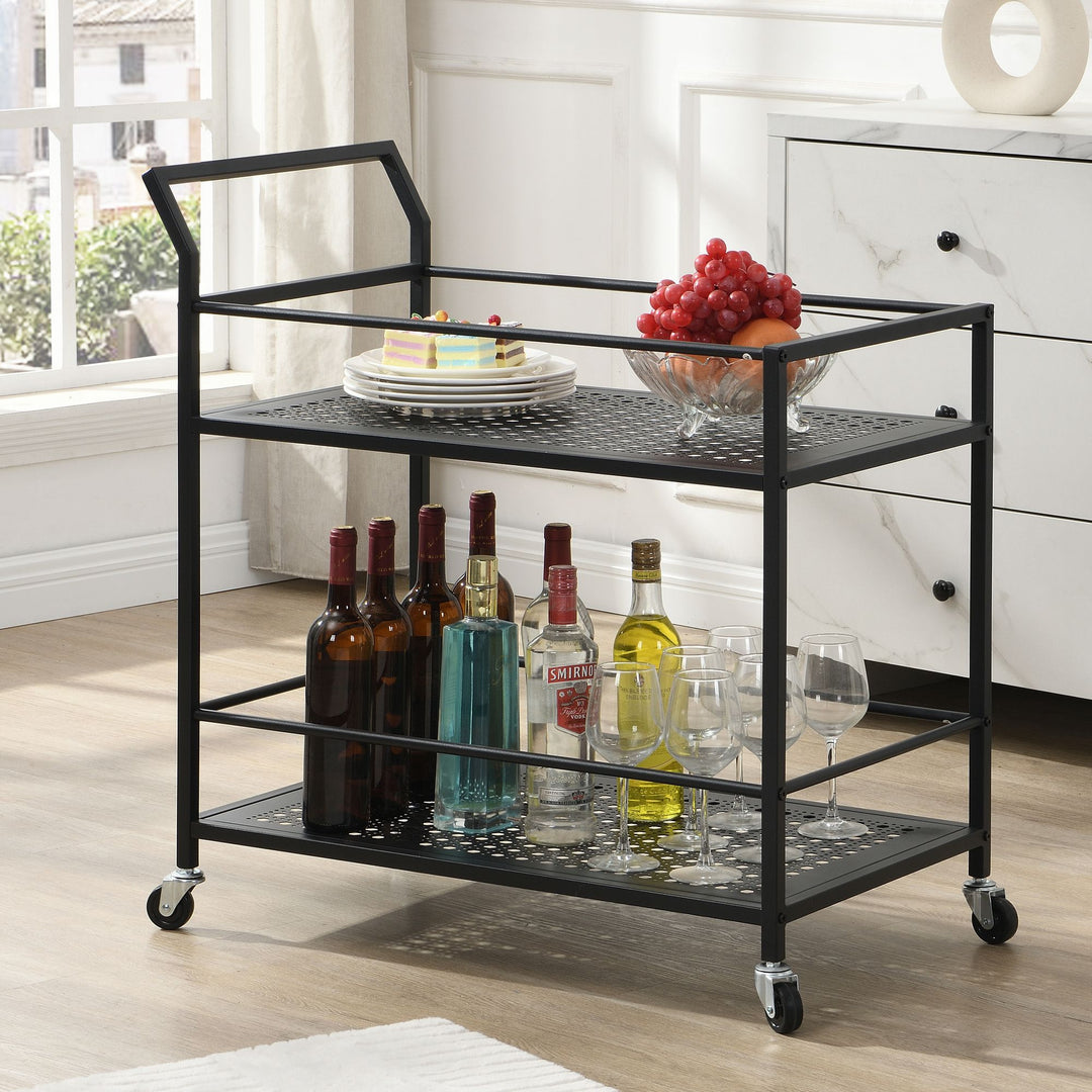 Serveringsvogn i metal, sort, 79x45x83 cm, med hjul og bremser, køkkenvogn i 2 niveauer, barvogn og rullebord, multifunktionel, moderne, sidebord til køkken, spisestue, stue