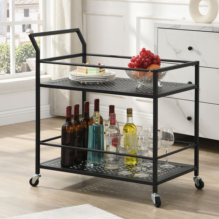 Serveringsvogn i metal, sort, 79x45x83 cm, med hjul og bremser, køkkenvogn i 2 niveauer, barvogn og rullebord, multifunktionel, moderne, sidebord til køkken, spisestue, stue