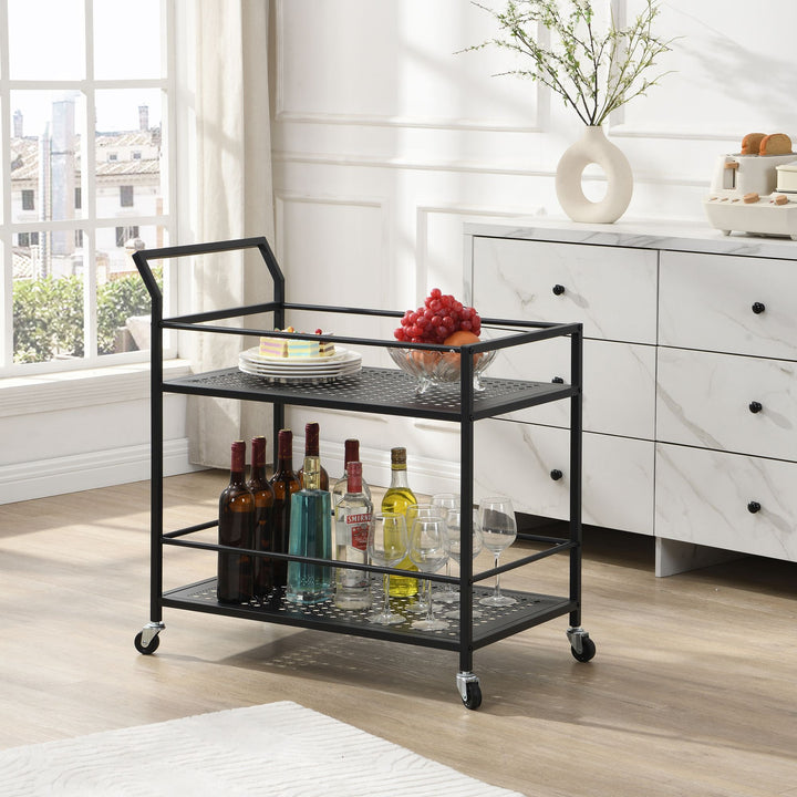 Serveringsvogn i metal, sort, 79x45x83 cm, med hjul og bremser, køkkenvogn i 2 niveauer, barvogn og rullebord, multifunktionel, moderne, sidebord til køkken, spisestue, stue