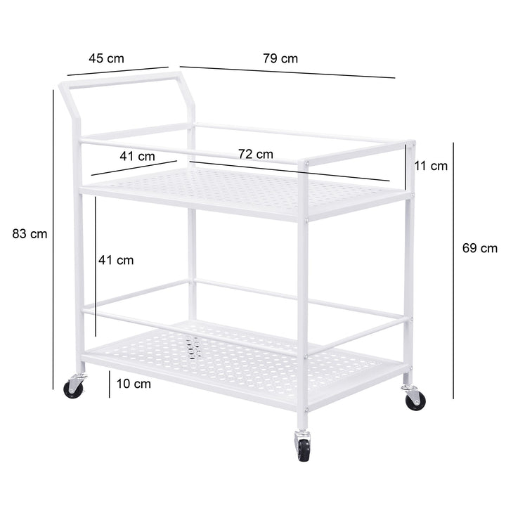 Serveringsvogn i metal, hvid, 79x45x83 cm, med hjul og bremser, køkkenvogn med 2 hylder, barvogn og rullebord, multifunktionel, moderne, sidebord til køkken, spisestue, stue