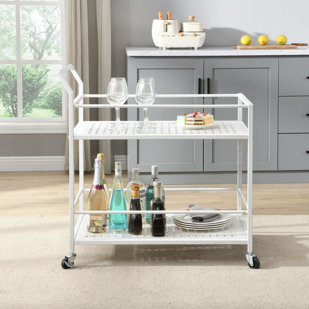 Serveringsvogn i metal, hvid, 79x45x83 cm, med hjul og bremser, køkkenvogn med 2 hylder, barvogn og rullebord, multifunktionel, moderne, sidebord til køkken, spisestue, stue