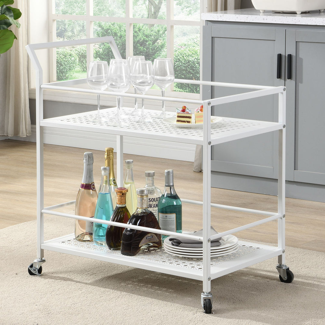 Serveringsvogn i metal, hvid, 79x45x83 cm, med hjul og bremser, køkkenvogn med 2 hylder, barvogn og rullebord, multifunktionel, moderne, sidebord til køkken, spisestue, stue