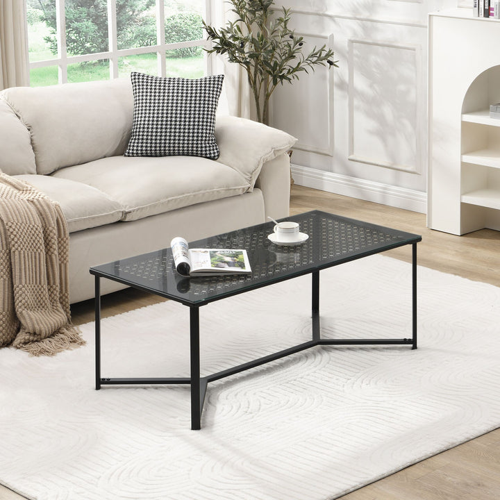 Sofabord i glas og metal, sort, 100 cm; rektangulært moderne stuebord med glasplade og metalstel; sofabord i industriel stil til stuen