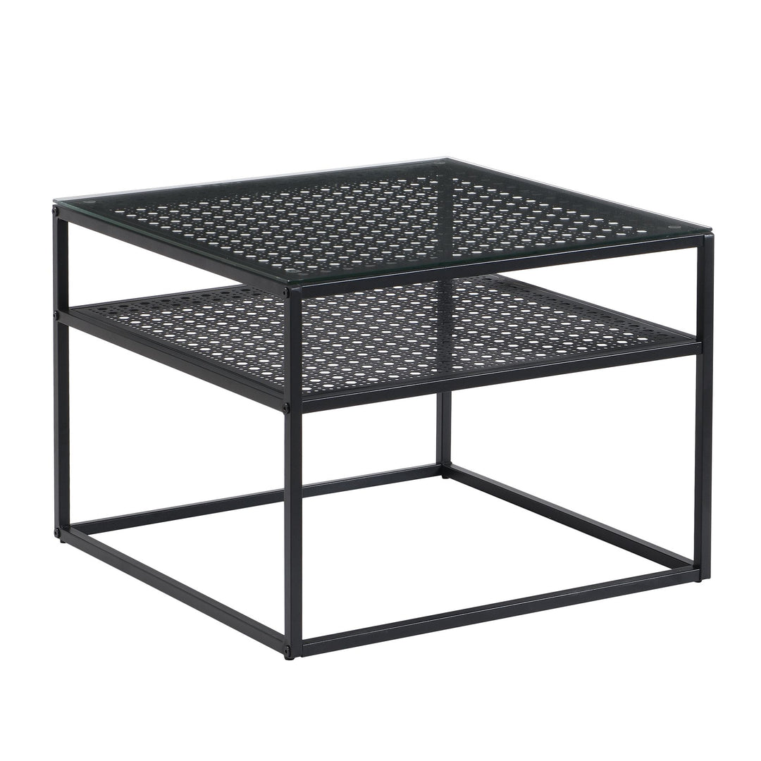 Sofabord i glas og metal, sort, 60x60x45 cm; moderne firkantet stuebord med hylde; lille sidebord/sofabord i glas