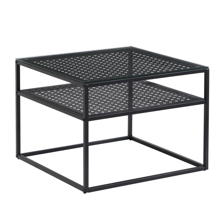 Sofabord i glas og metal, sort, 60x60x45 cm; moderne firkantet stuebord med hylde; lille sidebord/sofabord i glas