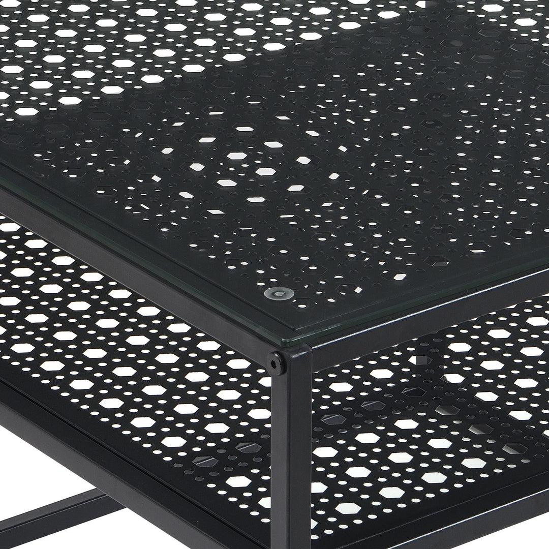 Sofabord i glas og metal, sort, 60x60x45 cm; moderne firkantet stuebord med hylde; lille sidebord/sofabord i glas