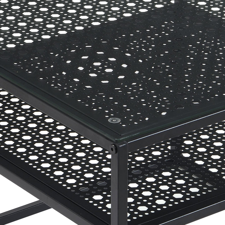 Sofabord i glas og metal, sort, 60x60x45 cm; moderne firkantet stuebord med hylde; lille sidebord/sofabord i glas