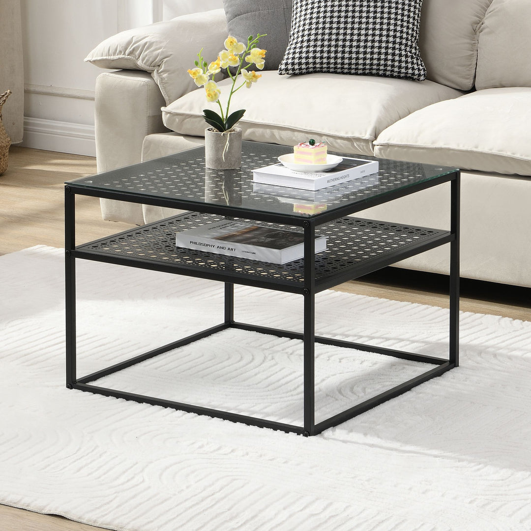 Sofabord i glas og metal, sort, 60x60x45 cm; moderne firkantet stuebord med hylde; lille sidebord/sofabord i glas