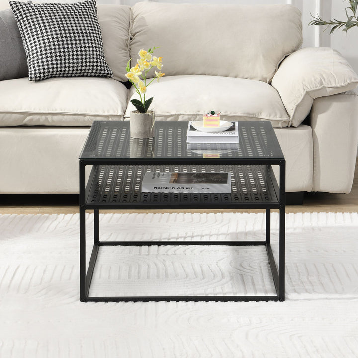 Sofabord i glas og metal, sort, 60x60x45 cm; moderne firkantet stuebord med hylde; lille sidebord/sofabord i glas