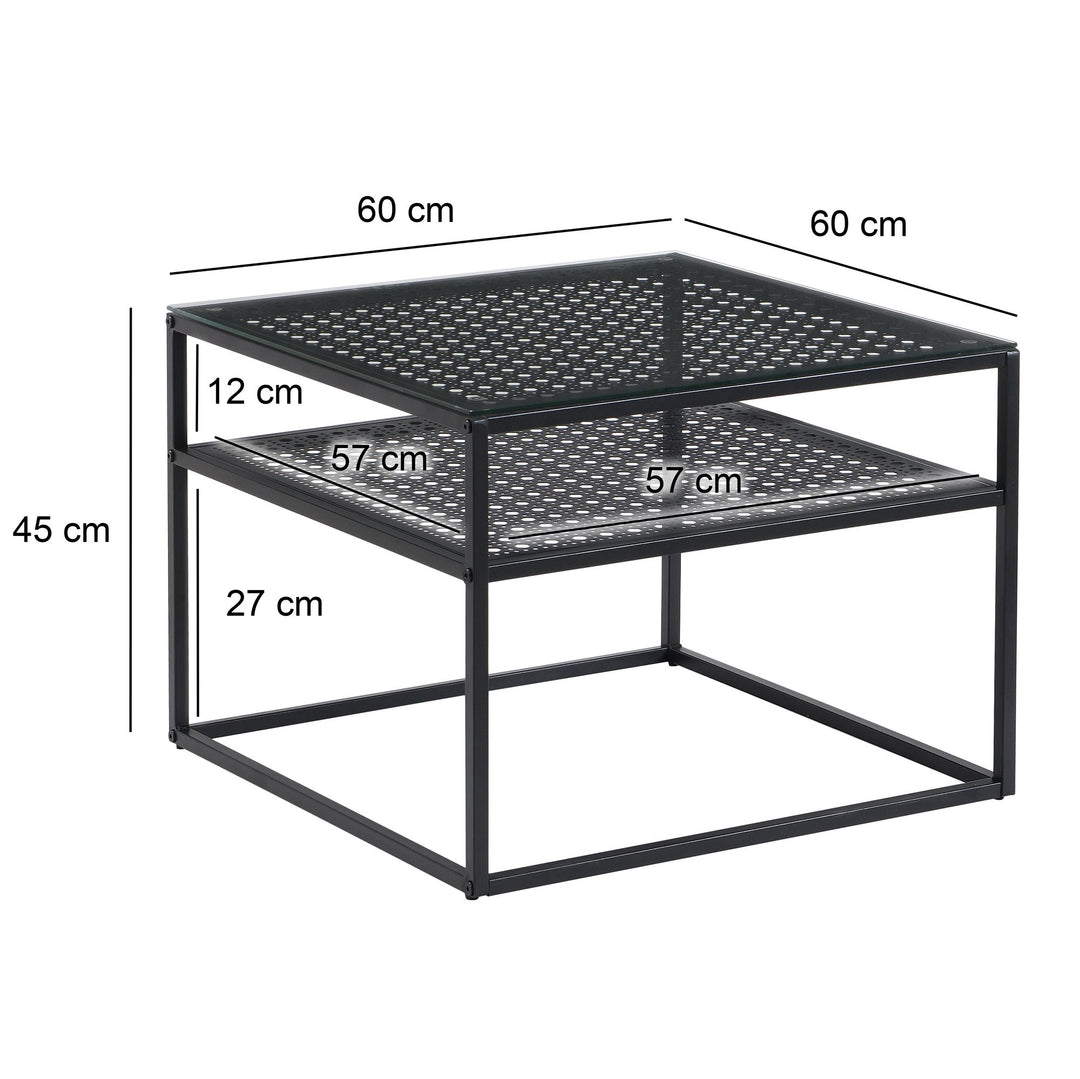 Sofabord i glas og metal, sort, 60x60x45 cm; moderne firkantet stuebord med hylde; lille sidebord/sofabord i glas