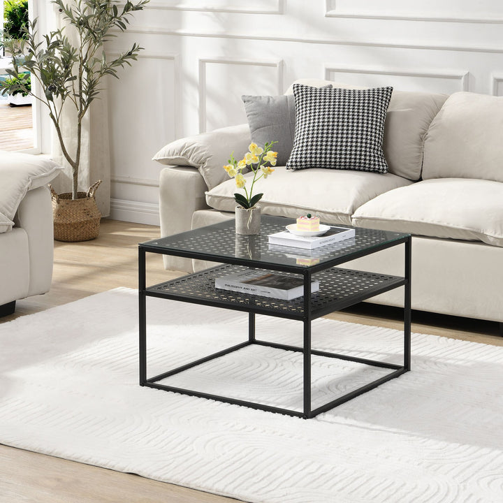 Sofabord i glas og metal, sort, 60x60x45 cm; moderne firkantet stuebord med hylde; lille sidebord/sofabord i glas