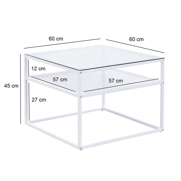 Sofabord i glas og metal, hvidt, 60x60x45 cm; moderne firkantet stuebord med hylde; lille sidebord/sofabord i glas