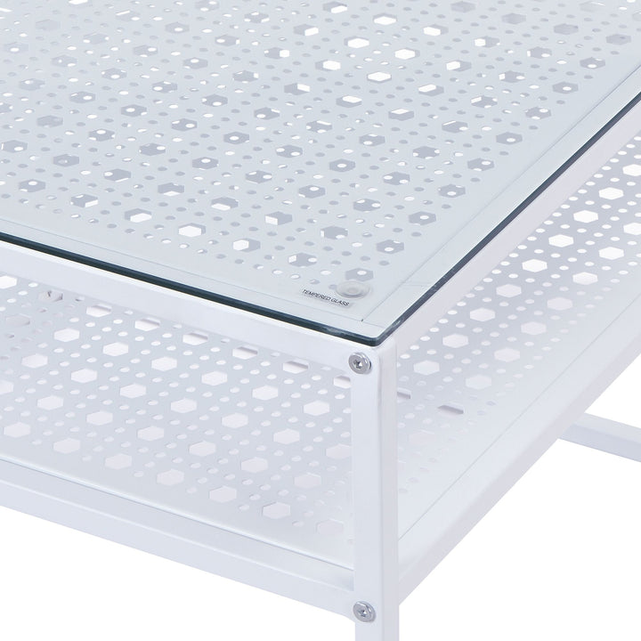 Sofabord i glas og metal, hvidt, 60x60x45 cm; moderne firkantet stuebord med hylde; lille sidebord/sofabord i glas