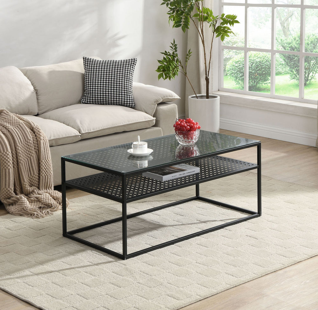 Rektangulært sofabord i glas, 100 cm, sort; moderne stuebord med metalstel og hylde i industrielt design; sofabord med glasplade