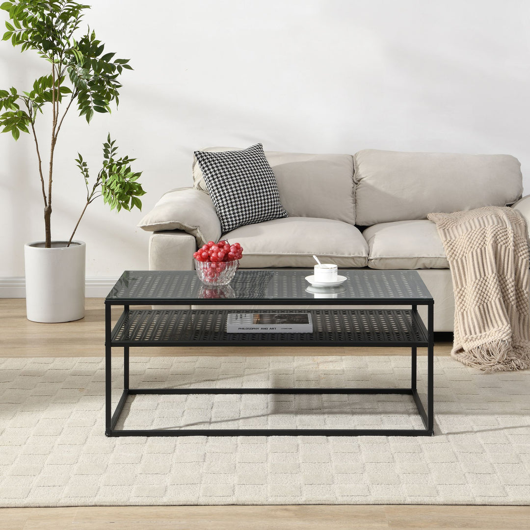 Rektangulært sofabord i glas, 100 cm, sort; moderne stuebord med metalstel og hylde i industrielt design; sofabord med glasplade
