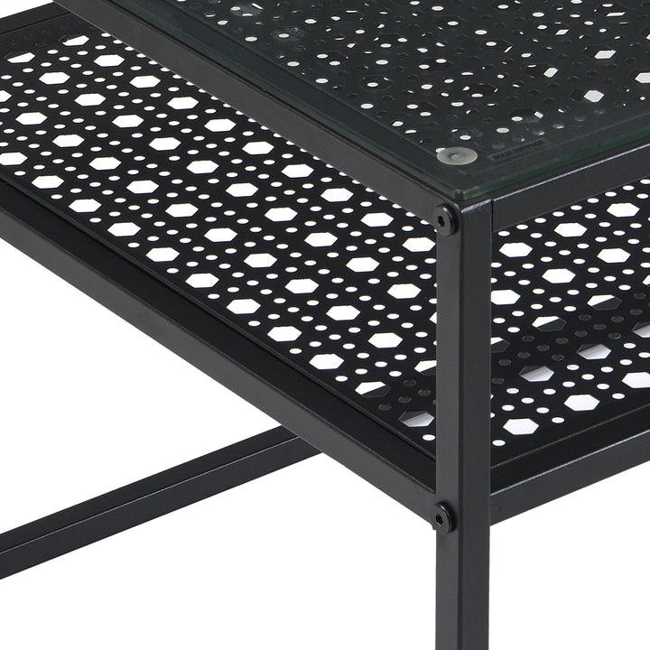 Rektangulært sofabord i glas, 100 cm, sort; moderne stuebord med metalstel og hylde i industrielt design; sofabord med glasplade