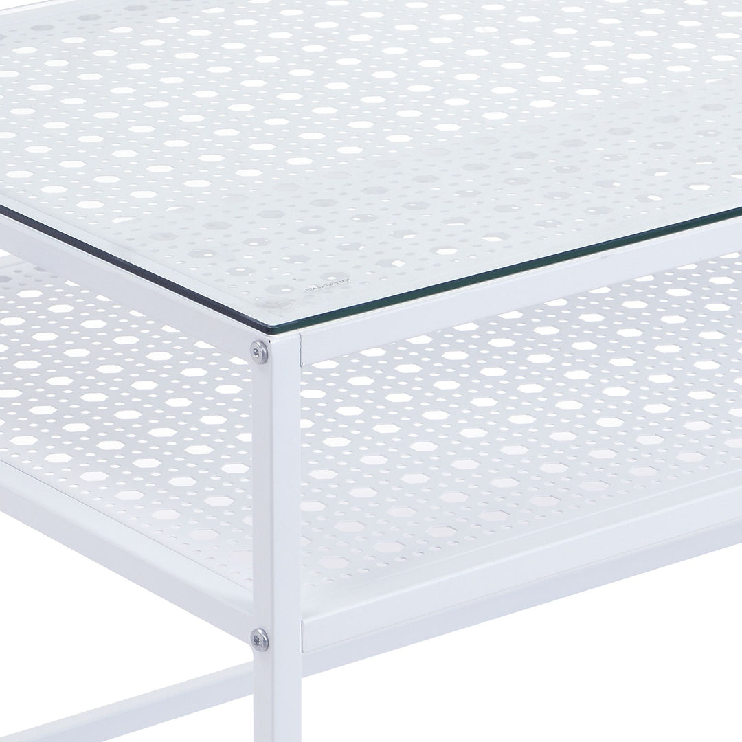 Rektangulært sofabord i glas, 100 cm, hvidt; moderne stuebord med metalstel og hylde i industrielt design; sofabord med glasplade