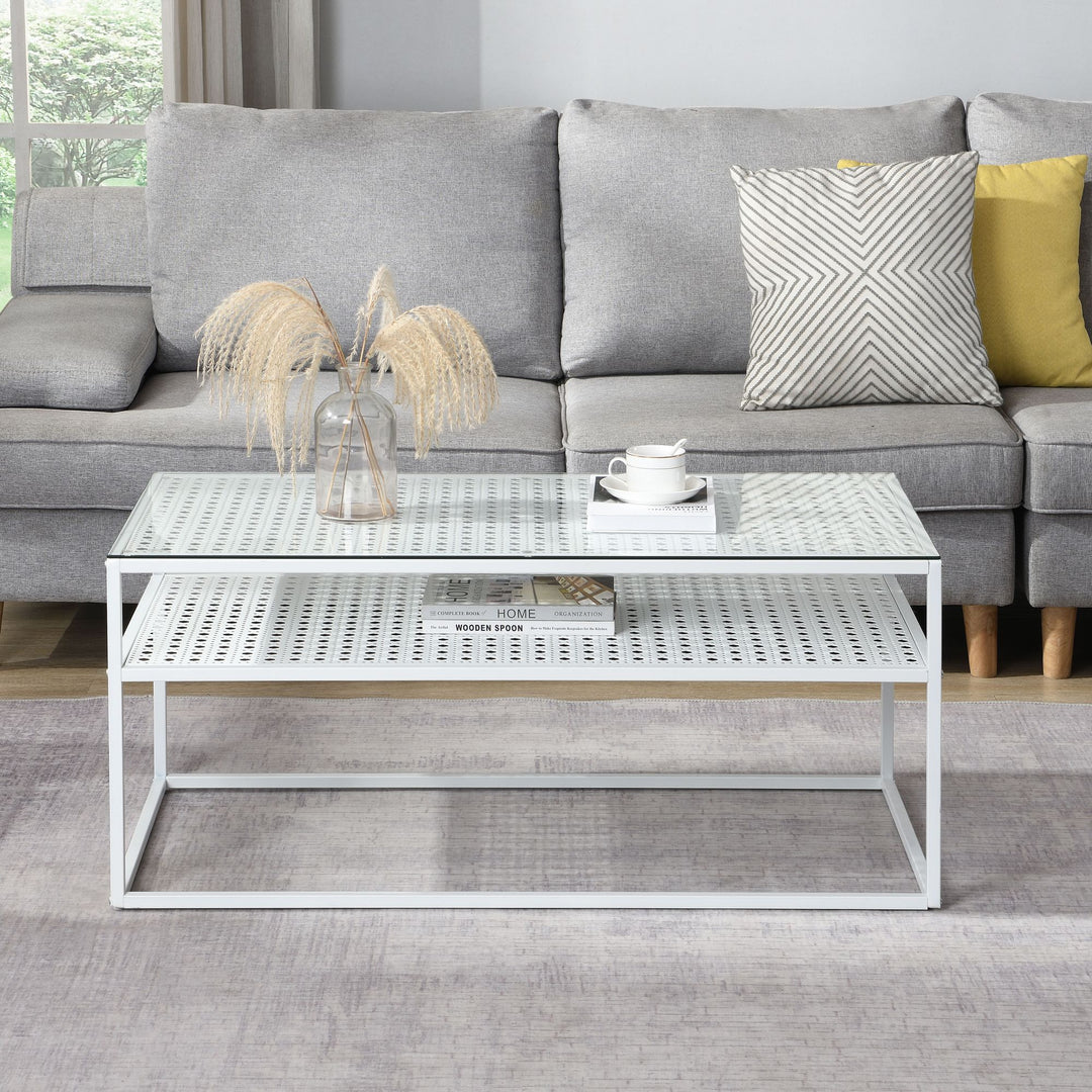 Rektangulært sofabord i glas, 100 cm, hvidt; moderne stuebord med metalstel og hylde i industrielt design; sofabord med glasplade