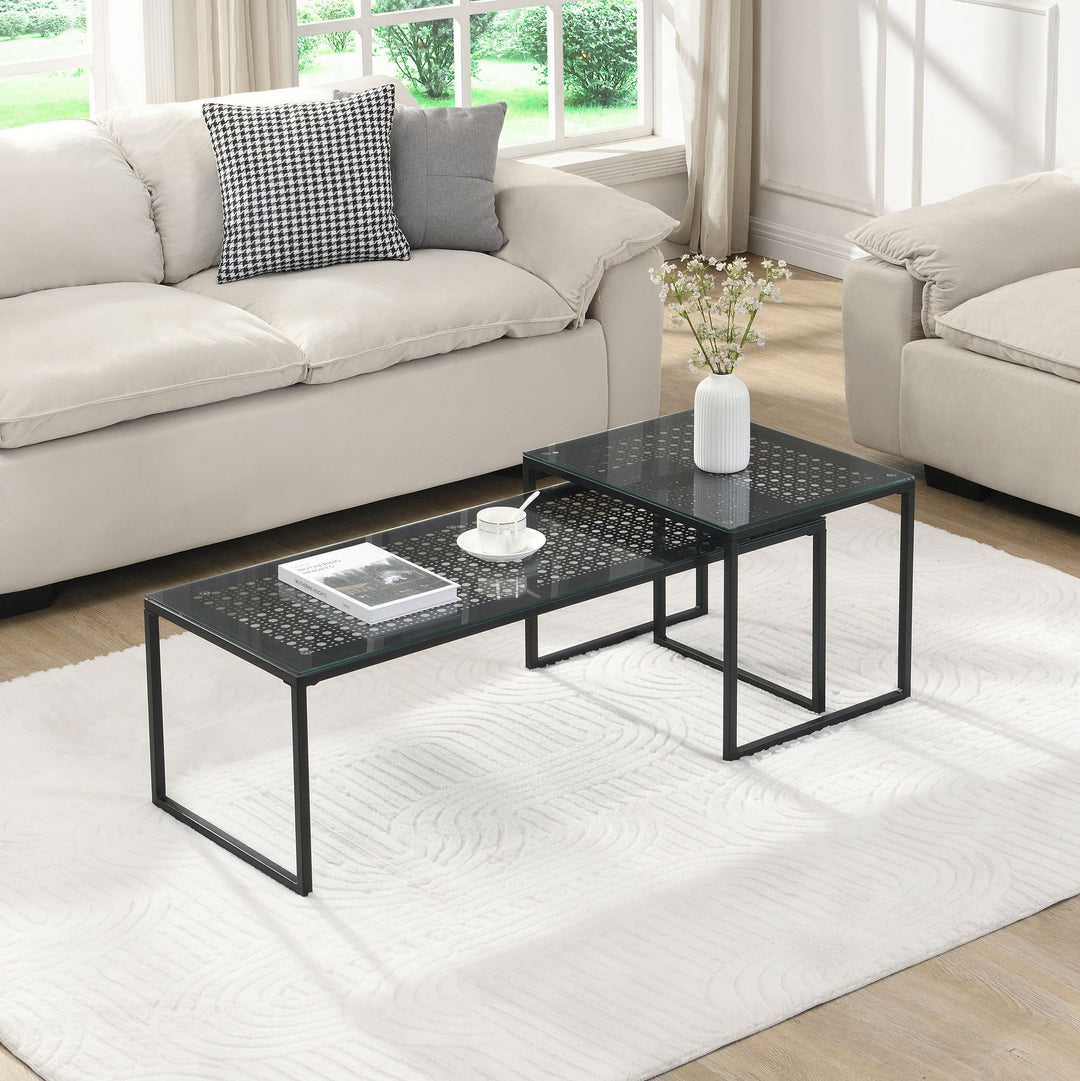 Indskudsborde Glas Metal 2-delt Sæt Moderne Sofabord Sort, Designer Sofabord Pladsbesparende, Stue Sofabord Rektangulært & Firkantet