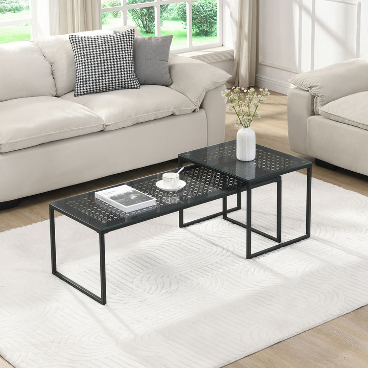 Indskudsborde Glas Metal 2-delt Sæt Moderne Sofabord Sort, Designer Sofabord Pladsbesparende, Stue Sofabord Rektangulært & Firkantet