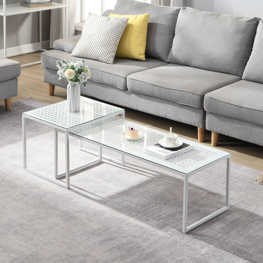 Indskudsborde Glas Metal 2-delt Sæt Moderne Sofabord Hvid, Designer Sofabord Pladsbesparende, Stue Sofabord Rektangulært & Firkantet