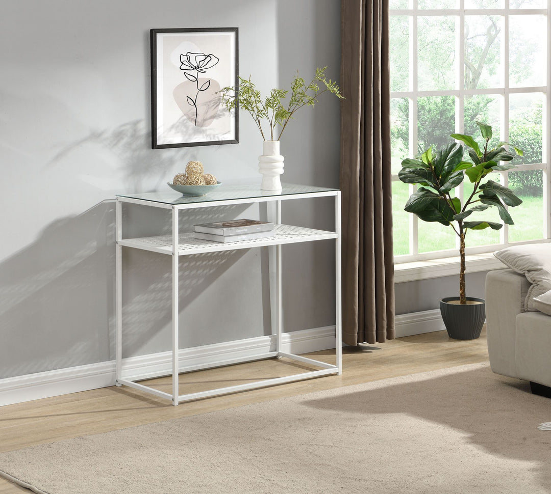 Konsolbord, glas og metal, 80x40x77 cm, entrebord, hvidt, smalt, sidebord til entré med glasplade og metalstel, designer glasbord med hylde