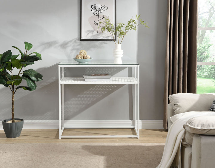 Konsolbord, glas og metal, 80x40x77 cm, entrebord, hvidt, smalt, sidebord til entré med glasplade og metalstel, designer glasbord med hylde
