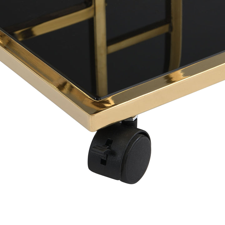 Serveringsvogn i guld med glashylder på hjul, 67,5 x 83,5 x 43 cm, moderne barvogn med flaskeholder, tevogn, drinkvogn til stue, køkken, hjemmebar, multifunktionel rullevogn