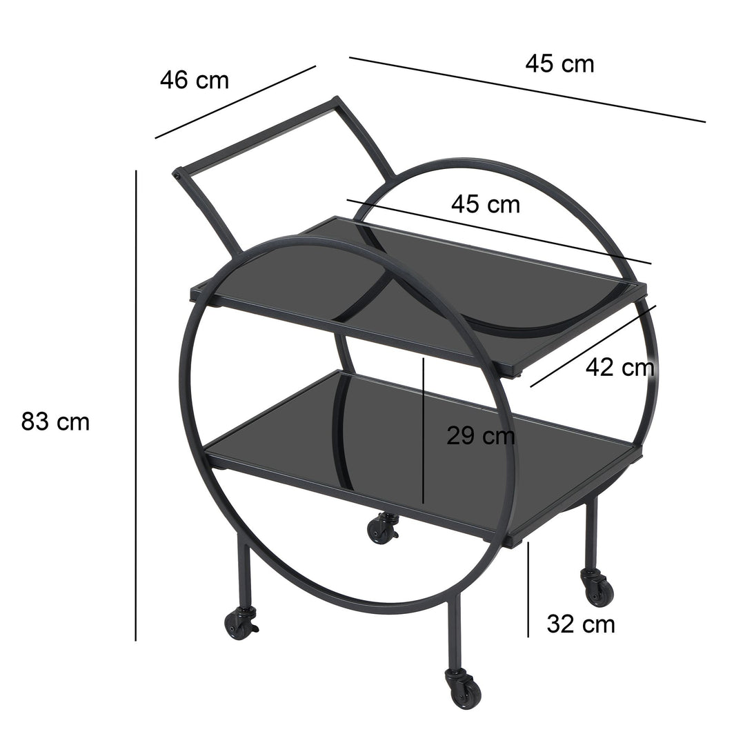 Designer serveringsvogn med hjul og bremser, 2 åbne hylder med sort glas, barvogn, tevogn, multifunktionel rullevogn/køkkenvogn til spisestue, køkken, bar