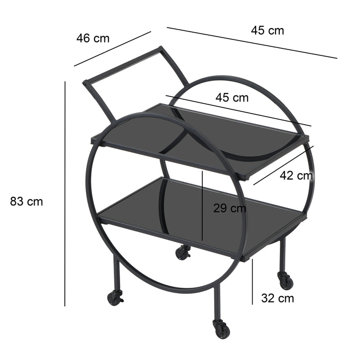 Designer serveringsvogn med hjul og bremser, 2 åbne hylder med sort glas, barvogn, tevogn, multifunktionel rullevogn/køkkenvogn til spisestue, køkken, bar