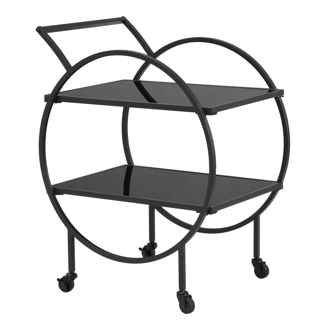 Designer serveringsvogn med hjul og bremser, 2 åbne hylder med sort glas, barvogn, tevogn, multifunktionel rullevogn/køkkenvogn til spisestue, køkken, bar