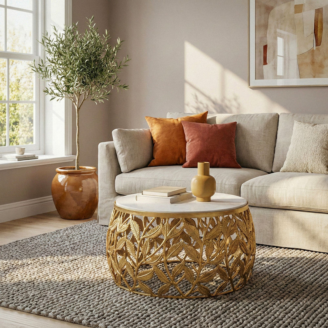 Rundt Sofabord 60 cm i Guld Aluminium med Hvid Marmorbordplade – Moderne Designbord