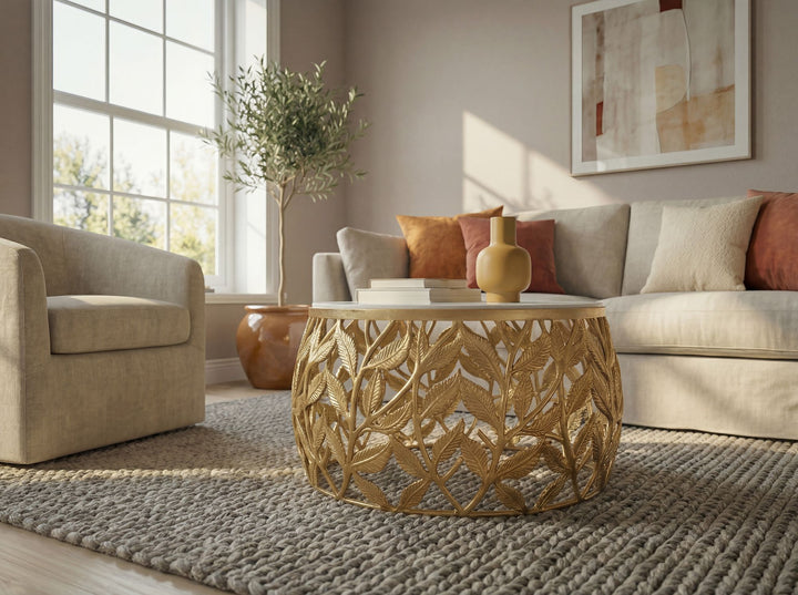 Rundt Sofabord 60 cm i Guld Aluminium med Hvid Marmorbordplade – Moderne Designbord