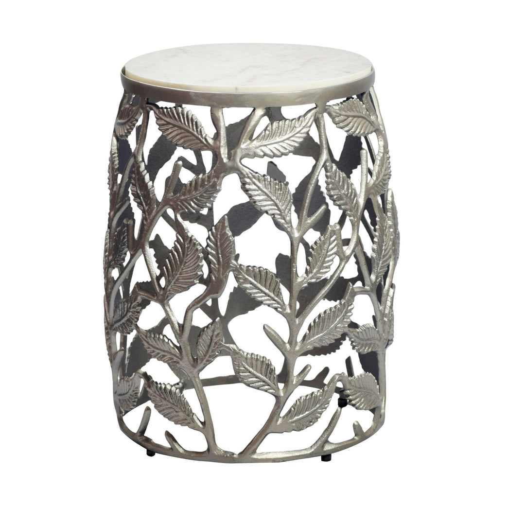Rundt Sidebord 40 cm i Sølv Aluminium med Hvid Marmorbordplade – Moderne Designbord