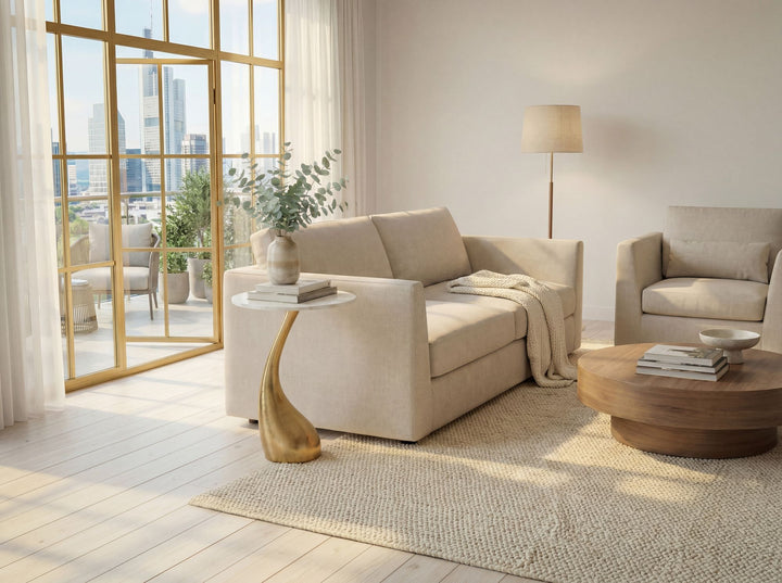 Rundt Sidebord 45 cm i Guld Aluminium med Hvid Marmorbordplade – Moderne Designbord