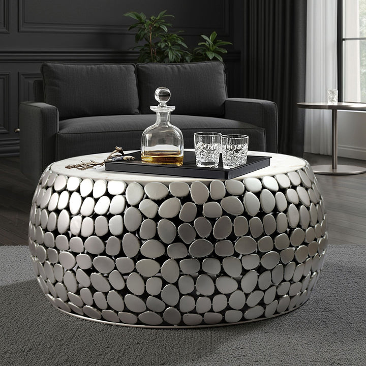 Design sofabord rundt 66 cm lavet af aluminium sølv og hvid marmor bordplade, håndlavet